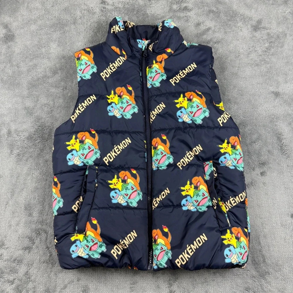 H&M Pokemon Puffer Vest Kids 8-10 Navy Pikachu Bulbasaur Squirtle Charmander
